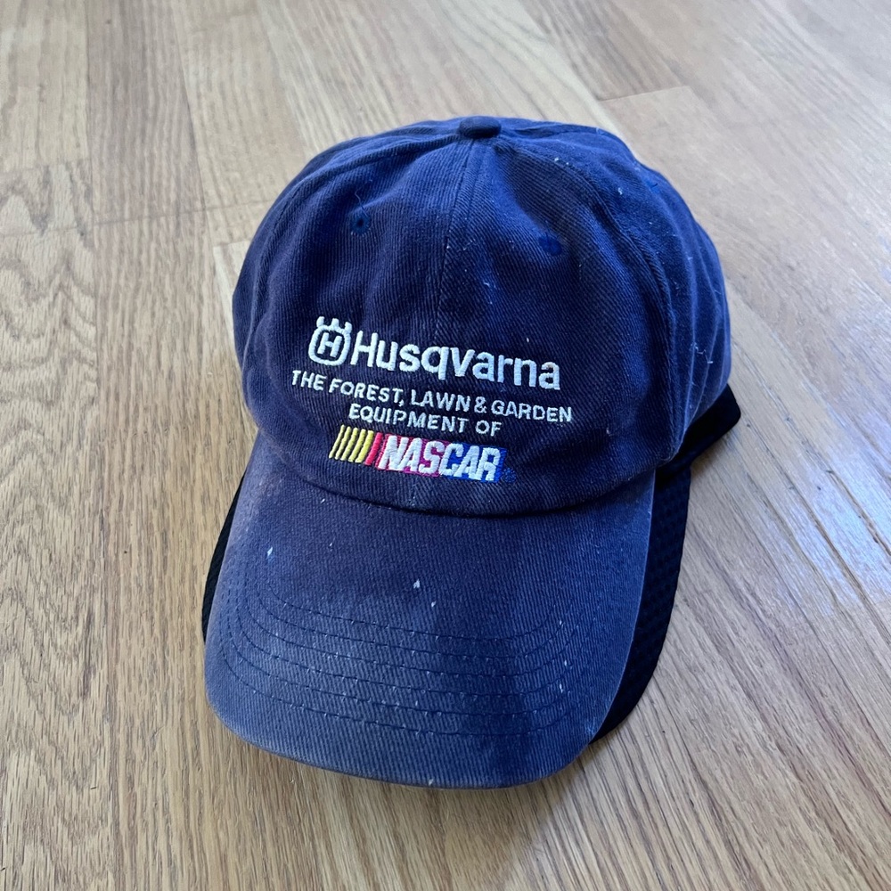 RARE VINTAGE Husqvarna Navy Blue NASCAR Cap "NASCAR" "HUSQVARNA" ADJUSTABLE GUC